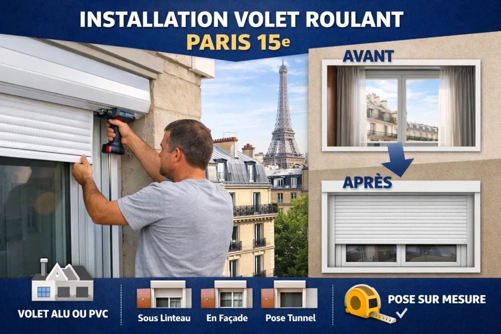 Installation volet roulant Paris 15 : pose neuve sur mesure, alu ou PVC