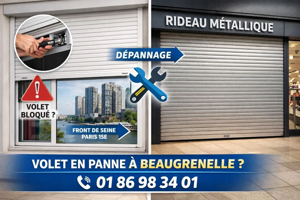 Technicien réparant un volet roulant dans une tour du quartier Beaugrenelle Paris 15