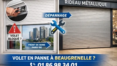 Technicien réparant un volet roulant dans une tour du quartier Beaugrenelle Paris 15